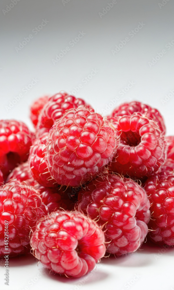 A heap of fresh raspberries on a clean white surface