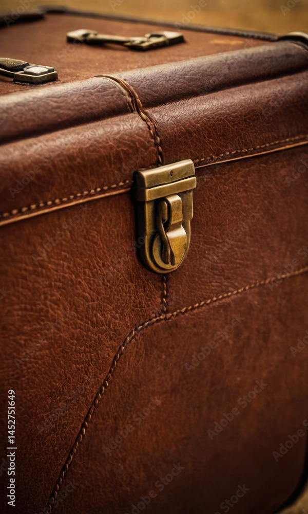 A detailed view of a worn brown leather suitcase with metal clasps and rusty locks