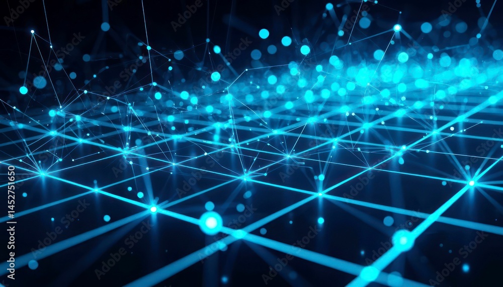 Futuristic digital grid with glowing blue points and lines on a black background Futuristic digital grid with glowing blue points and lines on a black background