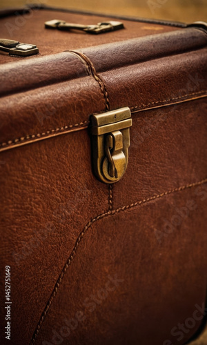 Obraz na płótnie A detailed view of a worn brown leather suitcase with metal clasps and rusty locks w salonie