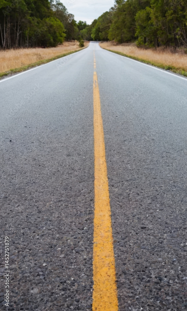 A straight and empty road with a bright yellow centerline, suitable for traffic or infrastructure-related uses