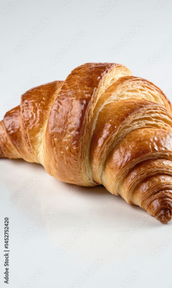 A crispy croissant on a clean white surface, ideal for food and baking use
