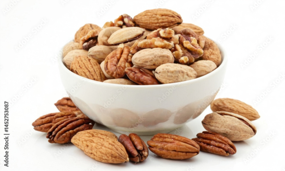 A white bowl filled with nuts placed on a table A white bowl filled with nuts placed on a table