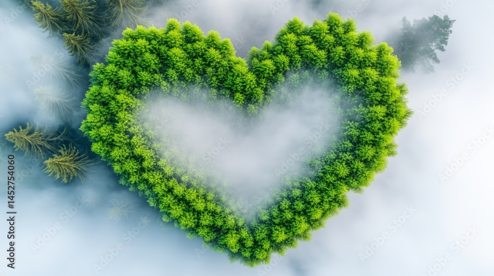 Aerial view of lush green trees form a heart shape amidst a misty landscape, symbolizing environmental protection and love for nature Aerial view of lush green trees form a heart shape amidst a misty landscape, symbolizing environmental protection and love for nature