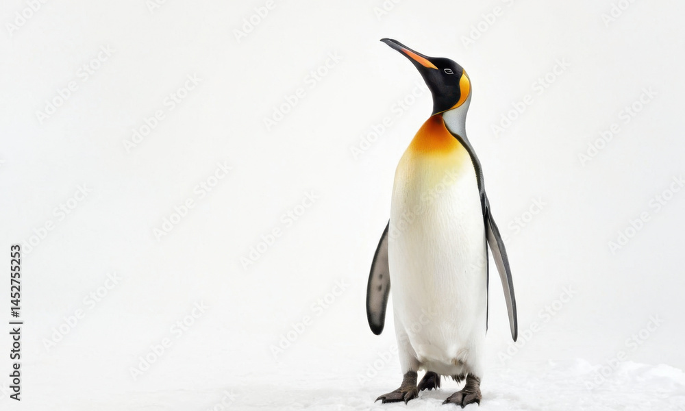 Fototapeta premium A penguin stands in the snow with its beak open, possibly waiting for food or attention