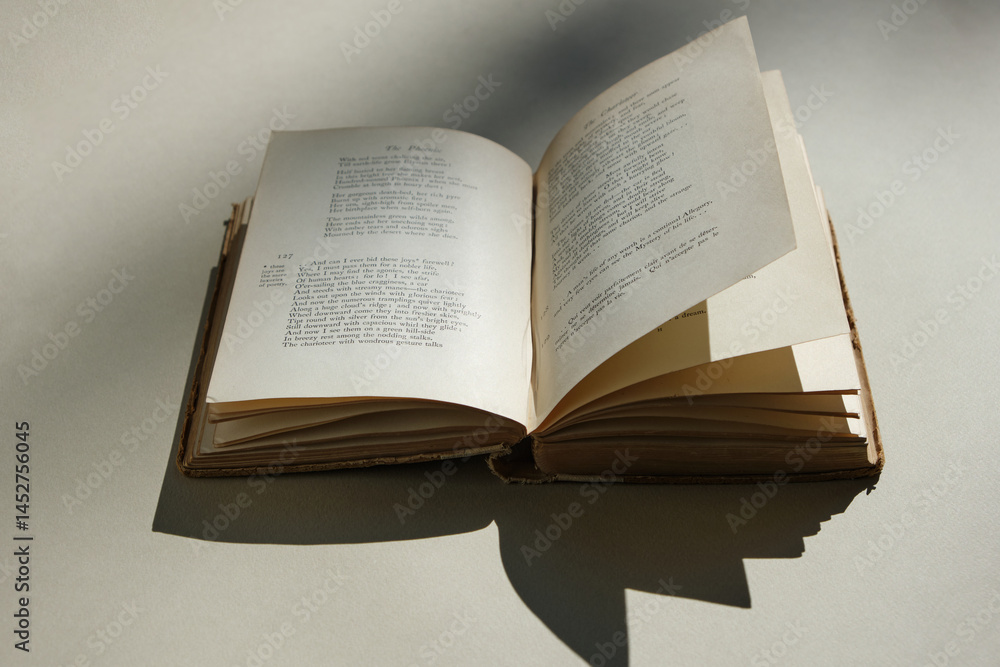 Fototapeta premium An open vintage book displaying poetry, highlighting the beauty of old literature and the tactile experience of reading