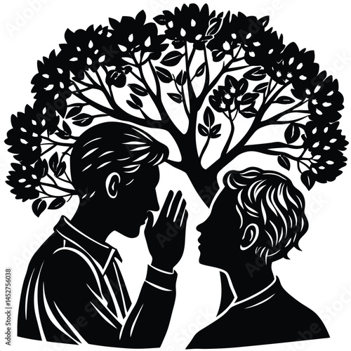 Silhouette Illustration: Man Whispering Secret to Friend Under Tree, Black and White