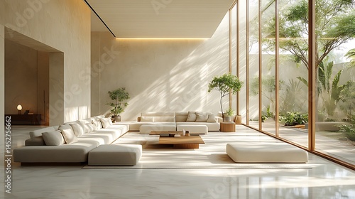 Minimalist hotel interior with tan furniture and soft natural tones high resolution photo