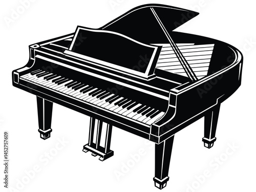 Black grand piano keys with music notes suggest a classic musical instrument ready to play a sound, perhaps for a concert pianist