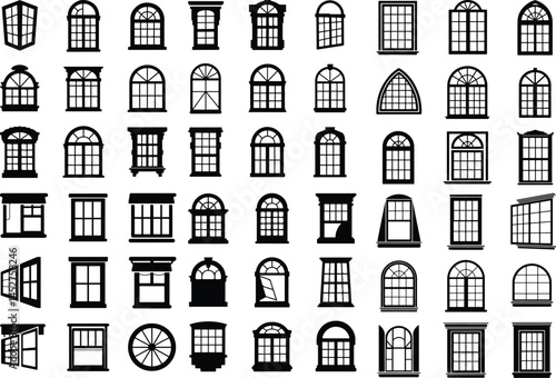 Window Silhouette Set | Home Architecture Vector Icons Classic and Modern Window Shapes | Black Silhouette Collection