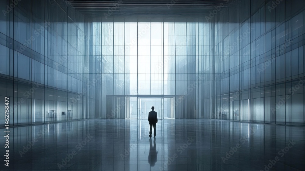 Modern Businessman Contemplating Future in a Glass Skyscraper Lobby Modern Businessman Contemplating Future in a Glass Skyscraper Lobby
