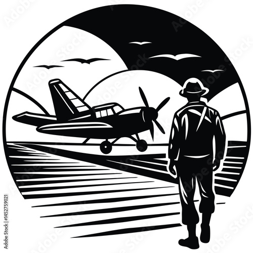 Vintage Airplane & Pilot Illustration: Black and White Aviation Art Print, Retro Aircraft Design, Classic Flight Scene