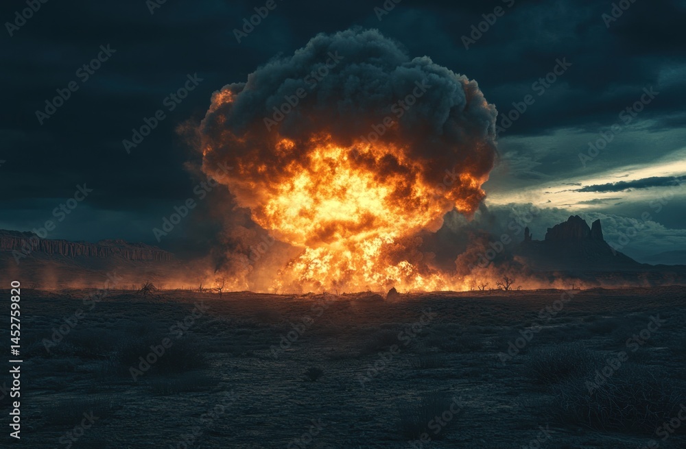 Fototapeta premium Bomb explosion desert night sky dramatic scene