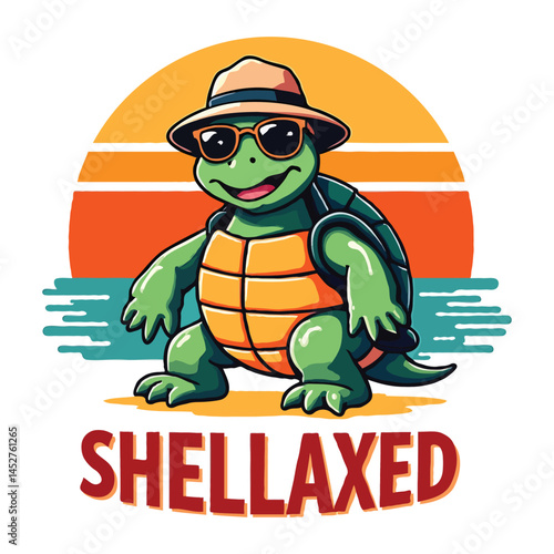 turtle with a hat. Shellaxed Turtle Cartoon – Cool Beach Vector Illustration