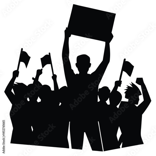 Silhouette Illustration of a Crowd Protesting with Signs and Flags: Activism, Demonstration, Social Justice, Political Rally
