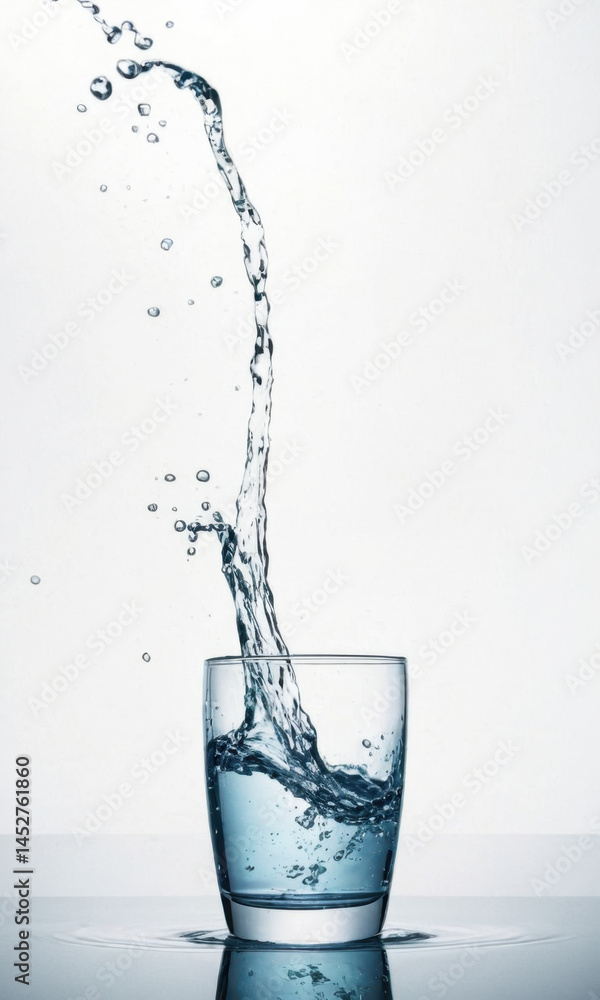 A glass filled with water with a splash flowing out, great for illustrations about hydration or refreshment