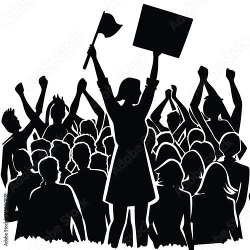 Protest Crowd Silhouette Vector: Activists Raising Fists and Signs in Demonstration, Social Justice Movement, Political Rally Graphic