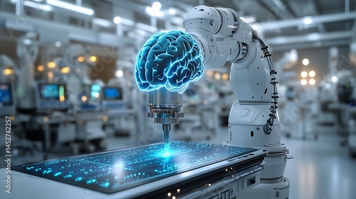 Robotic hand holding holographic brain symbolizing AI in neuroscience innovation high resolution image