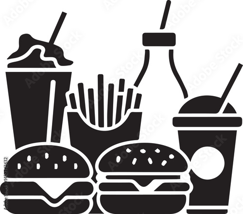 Fast Food Spread Silhouette Burgers Fries Drinks Illustration