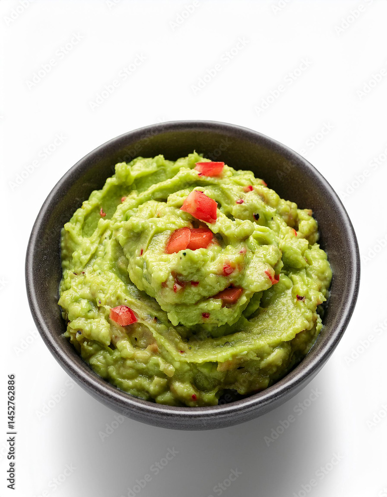 Bowl of green guacamole dip with tomato pieces. Fresh avocado dip. Appetizing healthy snack. Served guacamole in bowl on white surface. Ready to eat food. Vegan meal with avocado. Bowl of green guacamole dip with tomato pieces. Fresh avocado dip. Appetizing healthy snack. Served guacamole in bowl on white surface. Ready to eat food. Vegan meal with avocado.