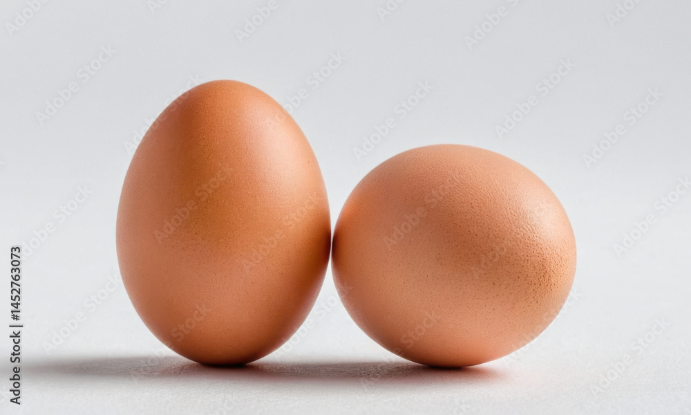 Two brown eggs sit side by side on a clean white surface, perfect for food or decorative use Two brown eggs sit side by side on a clean white surface, perfect for food or decorative use