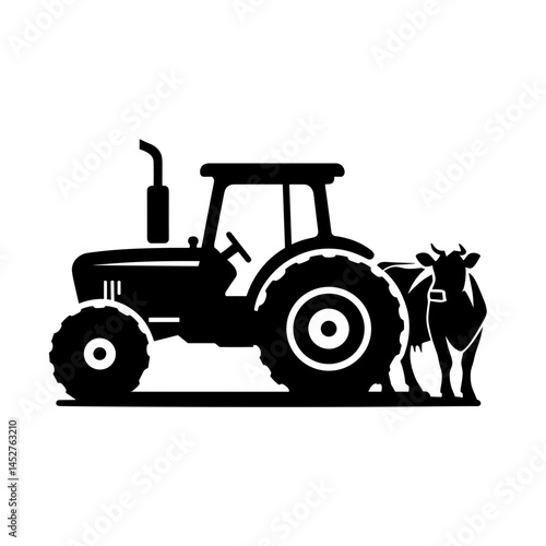 Tractor and cow farm scene silhouette