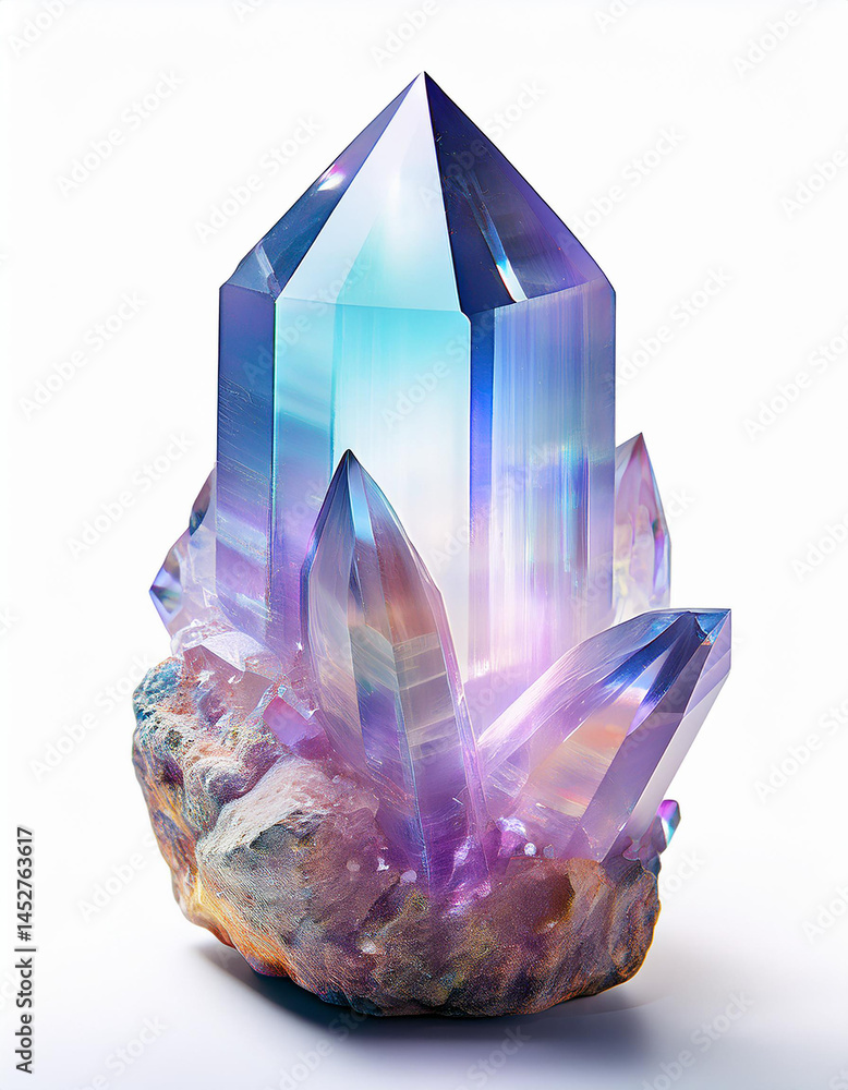 Crystal cluster glows. Big and small crystal points shine blue and purple. Mineral formation sparkles with light. Bright gemstone rests on rock base. Faceted gem has colorful reflections. Crystal cluster glows. Big and small crystal points shine blue and purple. Mineral formation sparkles with light. Bright gemstone rests on rock base. Faceted gem has colorful reflections.