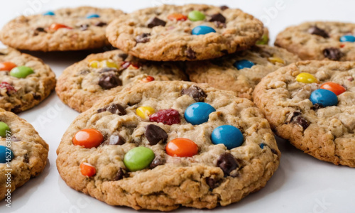 A close-up view of a plate of cookies with M&M's, perfect for food or baking photography