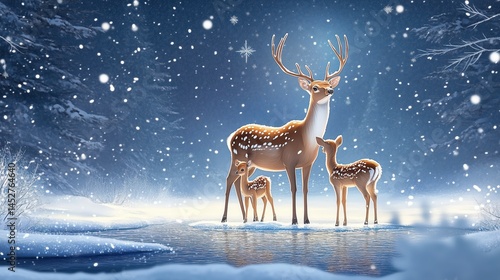 A family of deer in a snowy winter wonderland