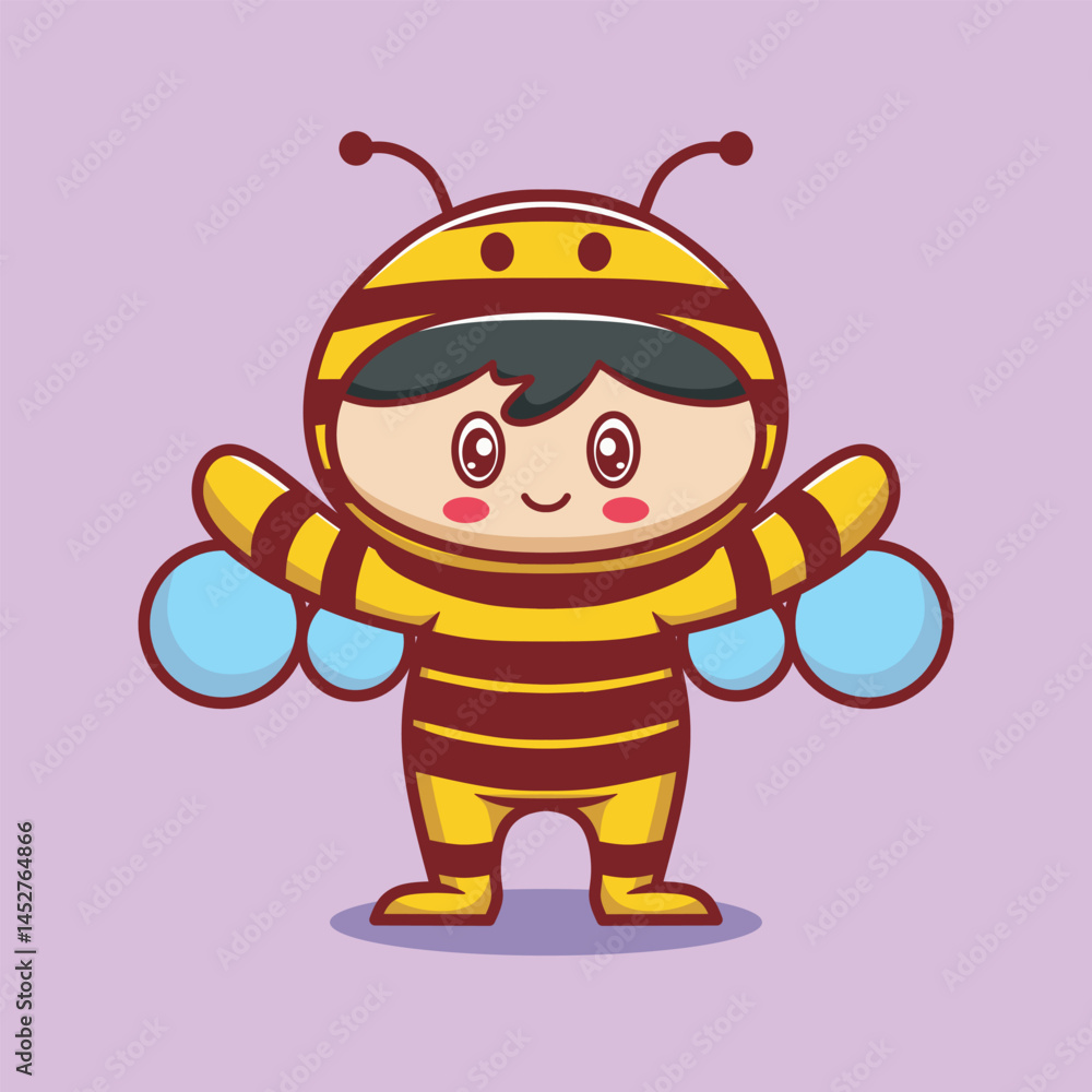 Obraz premium Smiling child in yellow bee costume with wings and antennas vector