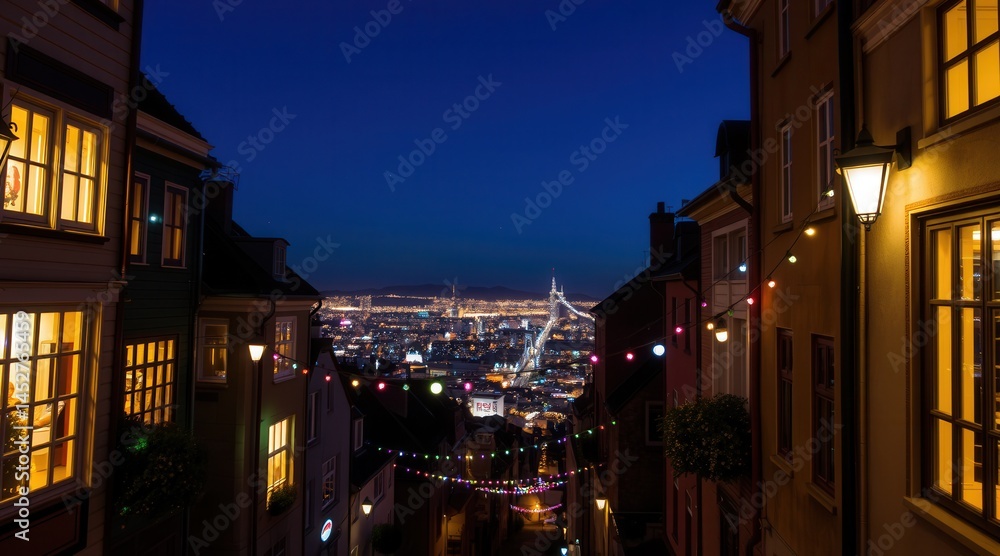 Obraz premium Charming City Alley at Night: Lights Leading to Distant Skyline