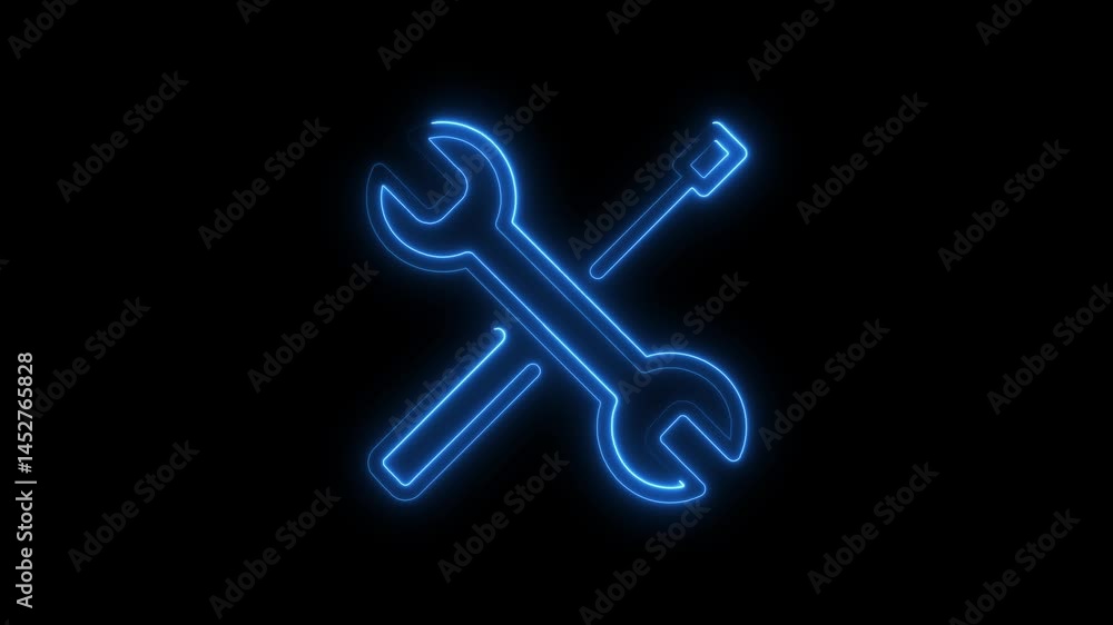 Animated glowing blue neon tools cross on black background for repair maintenance Animated glowing blue neon tools cross on black background for repair maintenance