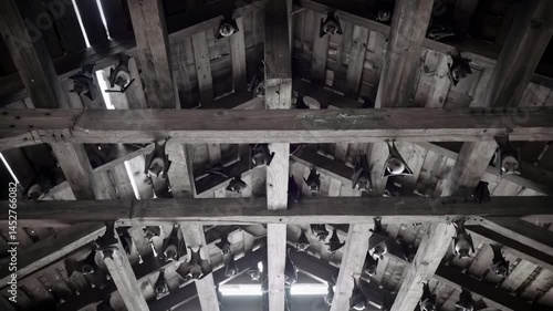 Unique perspective of a wooden ceiling with bats hanging upside down in an old rustic structure - bats in attic