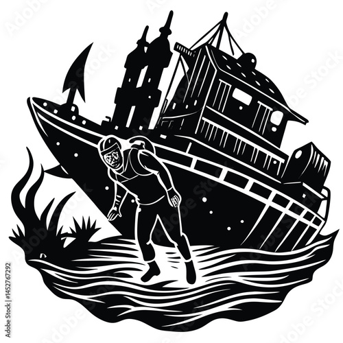 Diver Exploring Sunken Ship Black and White Illustration: Underwater Adventure, Wreck Diving, Nautical Theme, Vintage Style Art