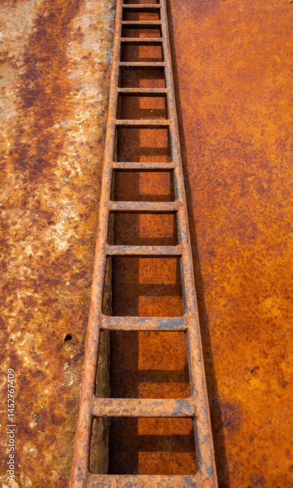 A rusted metal ladder leans against a rusty wall, perfect for old or abandoned places