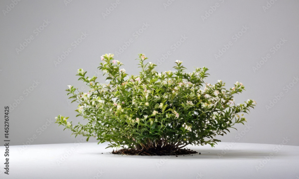 A picture of a plant with white flowers growing on a white surface, perfect for use in still life, lifestyle, or nature photography