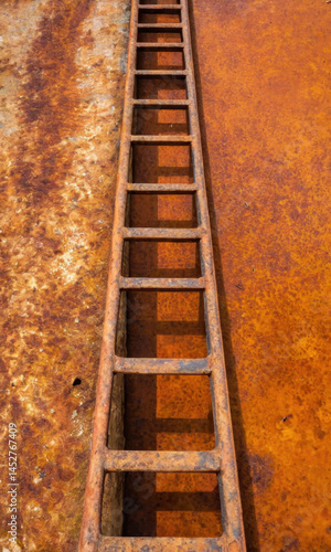 Obraz na płótnie A rusted metal ladder leans against a rusty wall, perfect for old or abandoned places w salonie