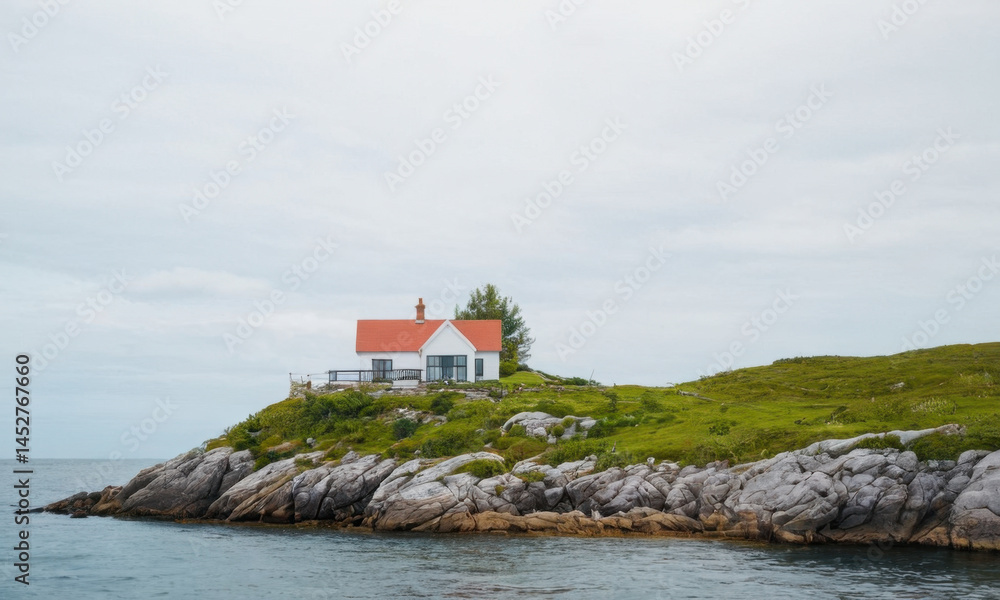 A cozy house with a bright red roof located on a small island, suitable for use in travel or real estate images