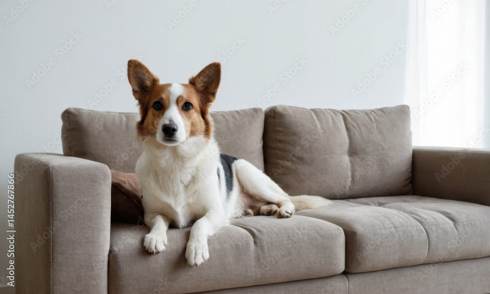 A brown and white dog sitting comfortably on top of a couch, perfect for a home decor or pet lovers' collection