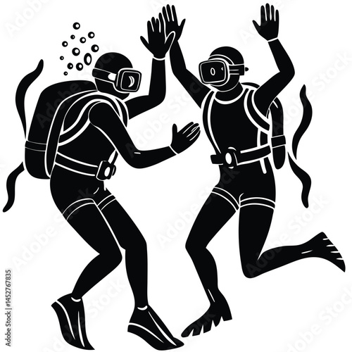 Scuba Divers High-Fiving Black & White Vector Illustration: Underwater Diving, Adventure, Teamwork, Graphic Art, Scuba Gear, Water Sport