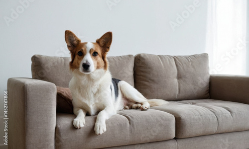 Obraz na płótnie A brown and white dog sitting comfortably on top of a couch, perfect for a home decor or pet lovers' collection w salonie