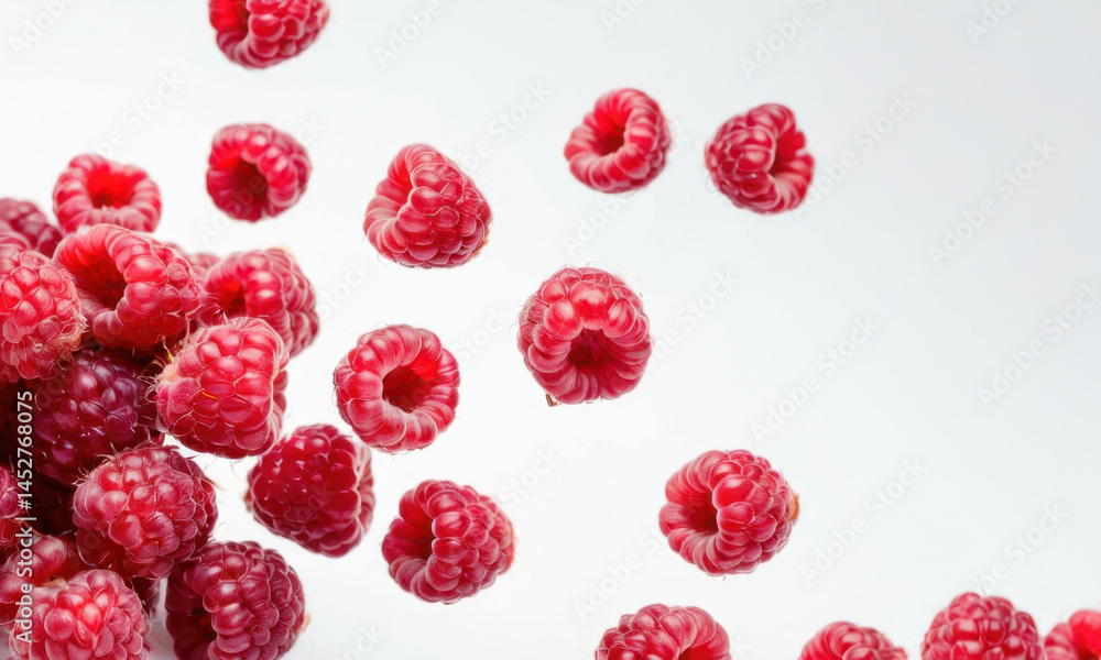 Fresh raspberries suspended in mid-air