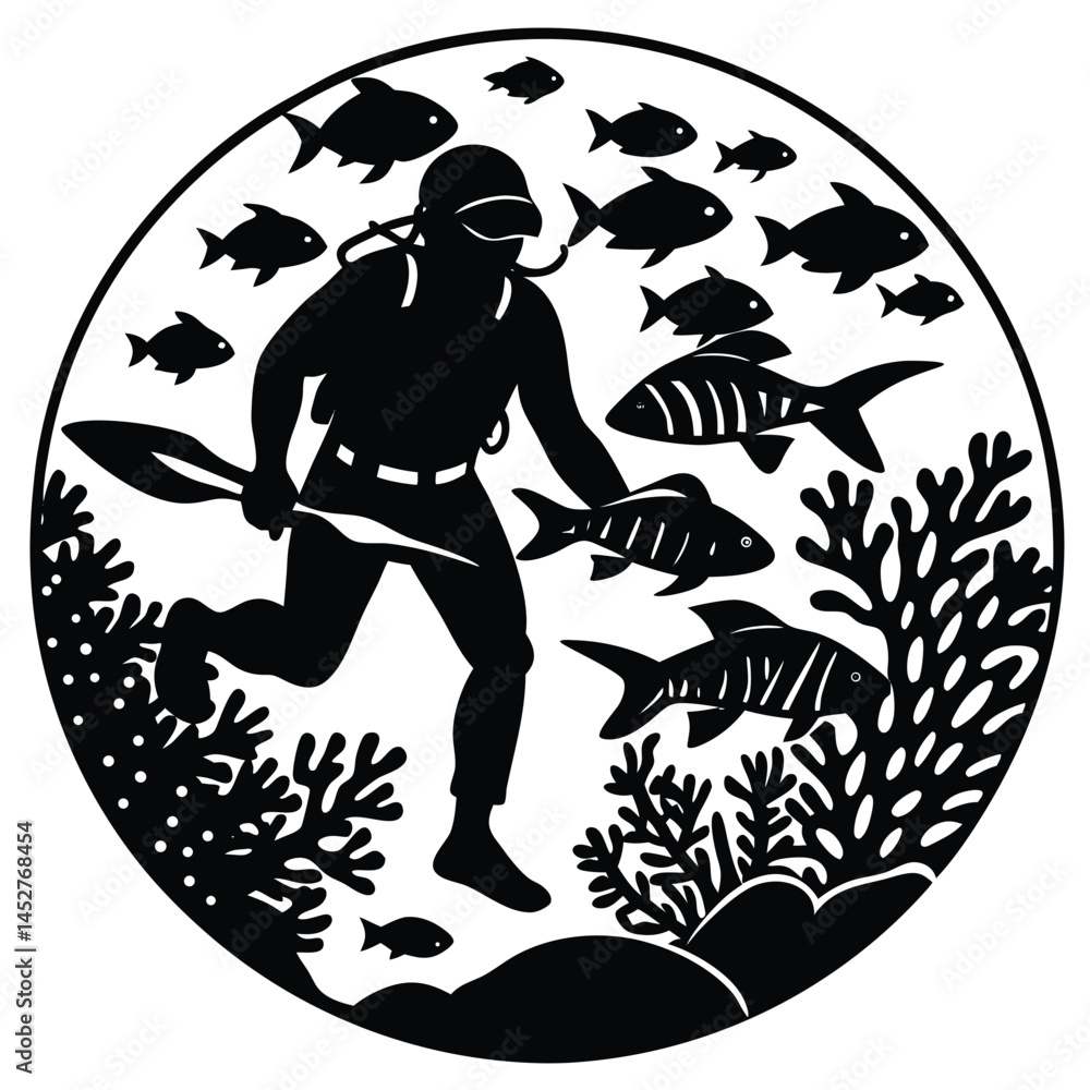 Fototapeta premium Spearfishing Silhouette: Underwater Hunter with Spear, Fish, and Coral Reef - Black and White Vector Illustration