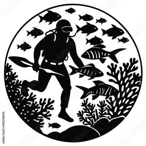 Spearfishing Silhouette: Underwater Hunter with Spear, Fish, and Coral Reef - Black and White Vector Illustration
