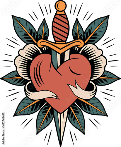 Neo Traditional Heart and Dagger Tattoo Art Illustration