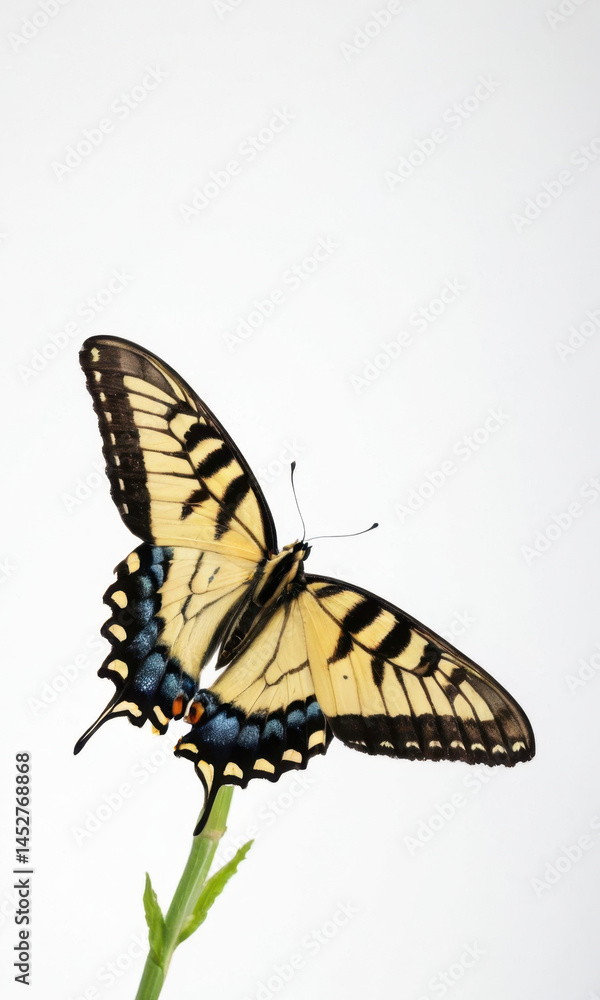 A yellow and black butterfly sits on a green leaf, surrounded by plant life