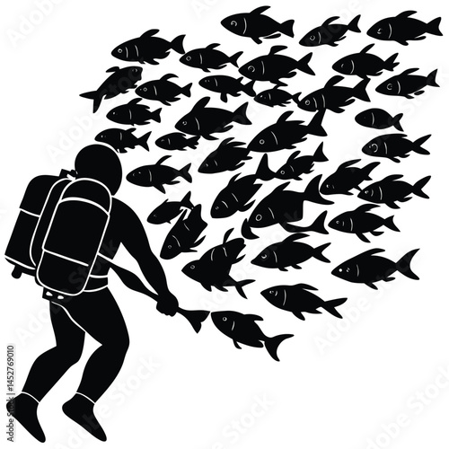 Silhouette Illustration of Scuba Diver Surrounded by School of Fish | Underwater Scene Vector Graphic