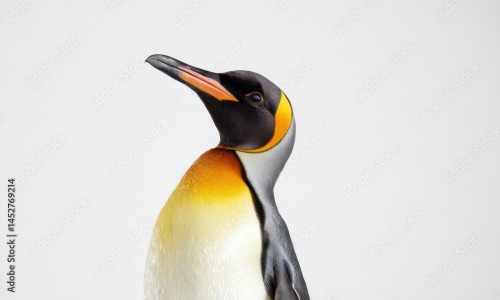 A close-up shot of a penguin against a clean white background