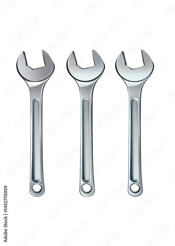 Three shiny metal wrenches, isolated on Png Format and Transparent Background Three shiny metal wrenches, isolated on Png Format and Transparent Background