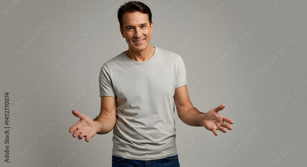 Smiling man in a casual gray t-shirt extends his arms, ready to present or welcome. Smiling man in a casual gray t-shirt extends his arms, ready to present or welcome.